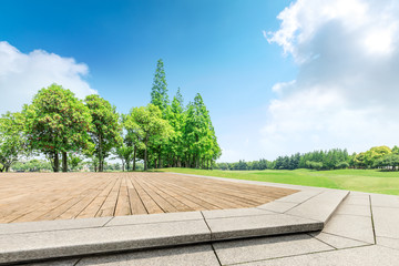 Empty wooden planks square platform and green woods in city park
