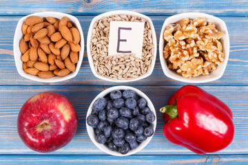 Products, ingredients containing vitamin E and dietary fiber, healthy nutrition concept