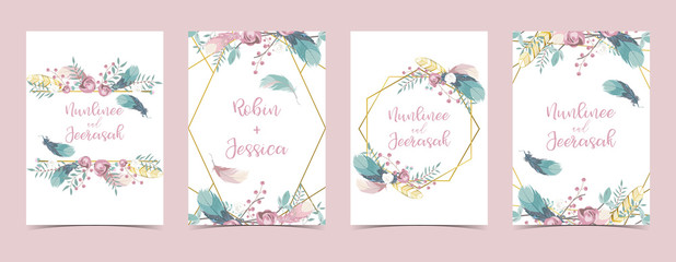 Geometry pink gold wedding invitation card with rose,leaf,ribbon,wreath,feather and frame