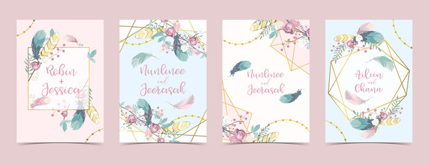 Fototapeta na wymiar Geometry pink gold wedding invitation card with rose,leaf,ribbon,wreath,feather and frame