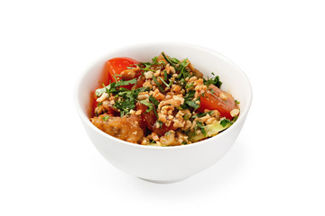 Rice with meat with vegetables, chinese dish on white background