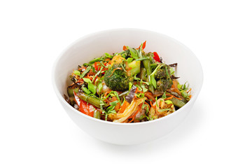 Meat with vegetables, chinese dish on white background