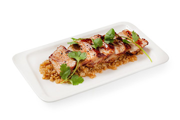 Rice with meat, chinese dish on white background