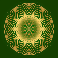 Decorative Round Lace Ornate Mandala. Vintage Vector Pattern For Print. Green gold color
