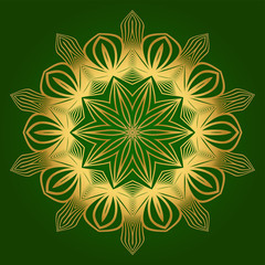 Decorative Round Lace Ornate Mandala. Vintage Vector Pattern For Print. Green gold color