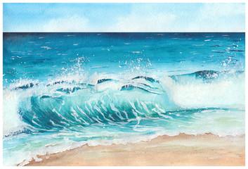 Summer tropical beach with golden sand and wave. Tropical sea with blue water. Hand drawn watercolor illustration - 255500038