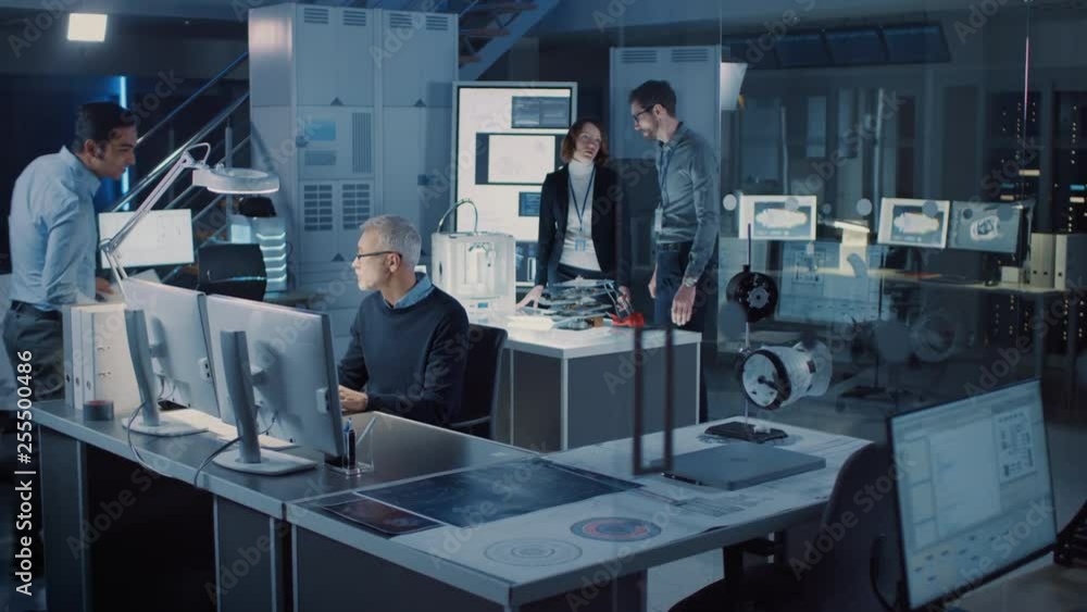Poster Diverse International Team of Industrial Engineers and Scientists Working in Research Laboratory and Development Center. People Working with 3D Printing, Using CAD on Computers, Designing Engine 