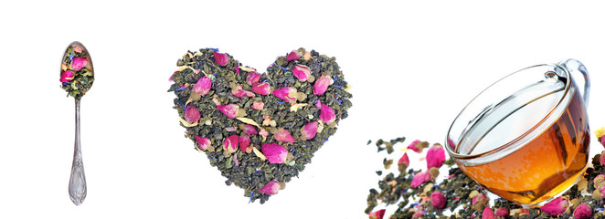 The concept of tea. Floral dry tea in the form of heart on a white, cup of tea and spoon. green tea with flowers and fruit pieces. 