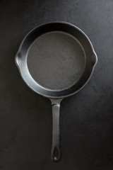Rustic steel frying pan on black background.