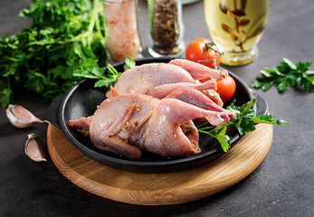 Raw uncooked quail. Ingredients for cooking healthy meat dinner.