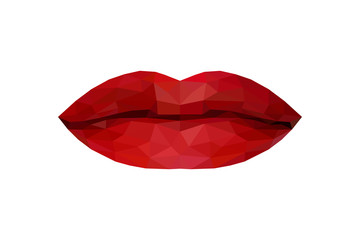 Triangle lips made from polygons. Red origami lips. Vector abstract bright geometric illustration. Vector abstract bright geometric illustration on white background. Women`s full lips, mouth.