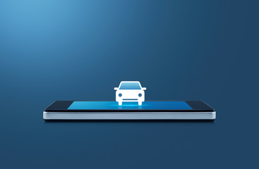 Taxi car flat icon on modern smart mobile phone screen on wooden table over gradient light blue background, Business transportation service online concept