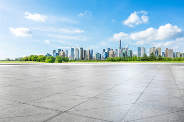 Shanghai city skyline panorama and empty square floor