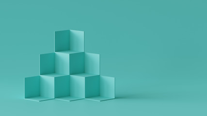 Cube boxes backdrop display on blank wall background. 3D rendering.