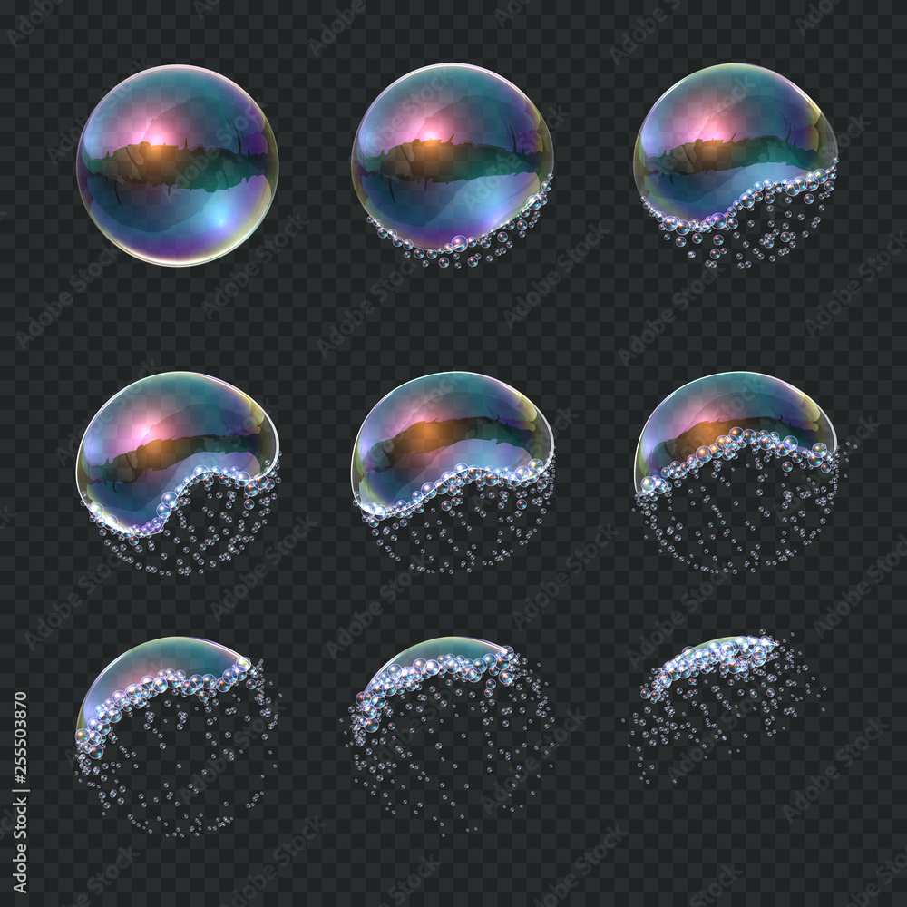 Poster Soap bubble explode. Realistic water sphere explosion, transparent blue reflections isolated soap foam balloon. Vector exploding 3d ball