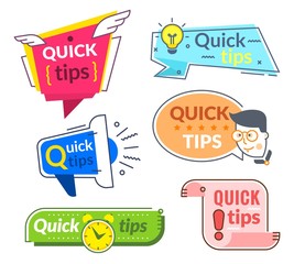 Quick tip labels. Tips and tricks suggestion, quickly help advice. Helpful service vector banners set