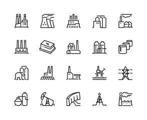 Factory line icons. Industry power, chemical manufacturing building warehouse nuclear energy plant. Industrial factories vector set