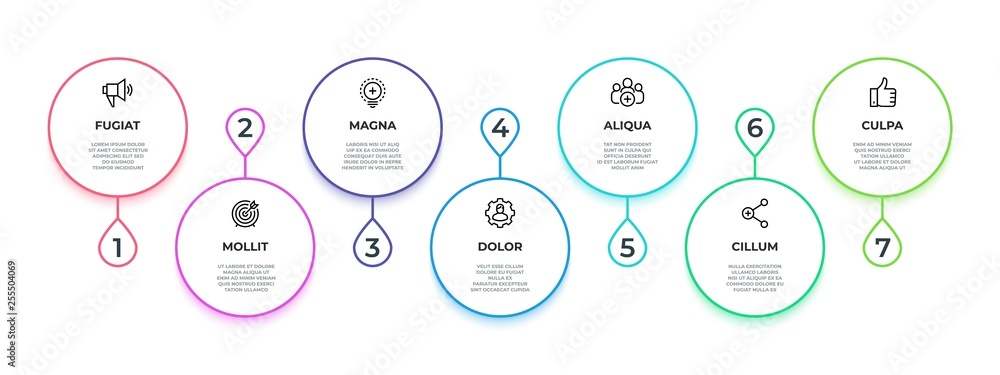 Poster Line flow infographic. 7 steps work process minimalist graph, productivity workflow banner. Vector 7 options presentation graphic
