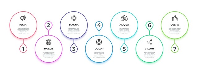 Line flow infographic. 7 steps work process minimalist graph, productivity workflow banner. Vector 7 options presentation graphic