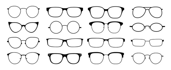 Glasses silhouette. Sun glasses hipster frame set, fashion black plastic rims, round geek style retro nerd glasses. Vector sun glasses set - obrazy, fototapety, plakaty