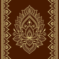 Set of lotus mehndi flower pattern and seamless border for Henna drawing and tattoo. Decoration in oriental, Indian style. Doodle ornament. Outline hand draw vector illustration.