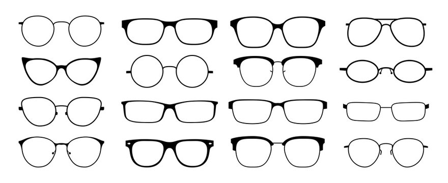 Glasses silhouette. Sun glasses hipster frame set, fashion black plastic rims, round geek style retro nerd glasses. Vector sun glasses set