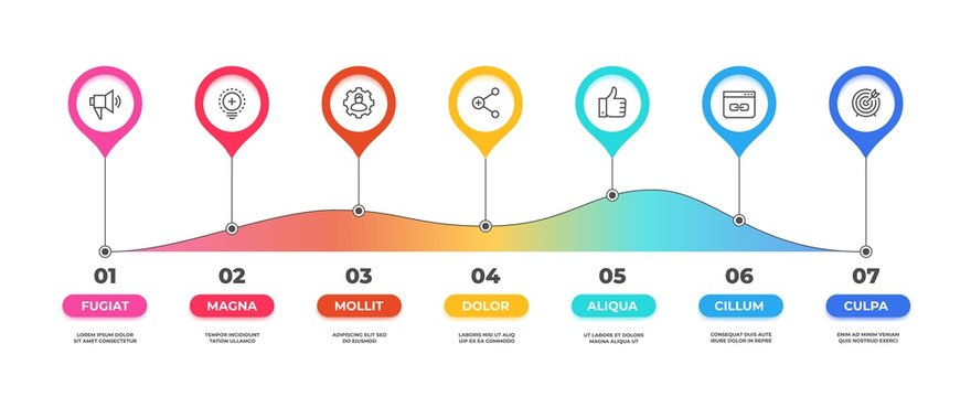 Step infographic. Option timeline diagram, business graphic chart, workflow presentation template. Vector 7 steps flow simple layout