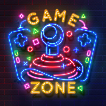 Retro game neon sign. Video games night light symbol, glowing gamer poster, gaming club banner. Vector retro neon flyer icon