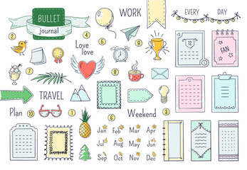 Journal hand drawn elements. Doodle bullets, color notebook schedule calendar diary line scribble elements. Vector doodle frames set