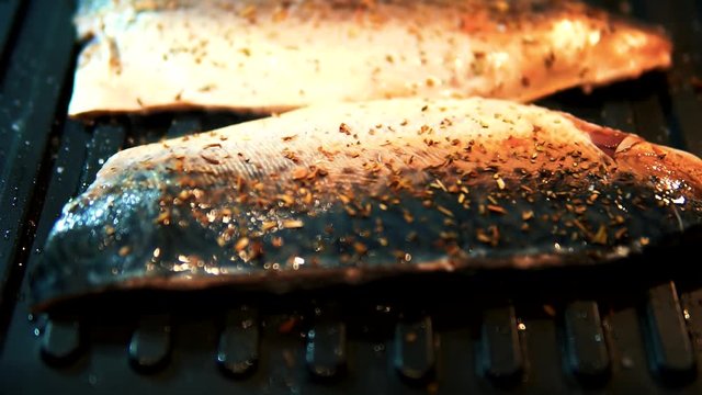Chef Seasoning Spice Mackerel Fish.Slow Motion Seasoning Fried Fish On Barbecue.Man Sprinkling Spices Over Fried Fish Fillet On Barbecue.Fried Scomber Fish With Spices.Fish Lying On Grill Barbecue.
