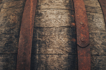 Old Wooden barrel background. Close up.