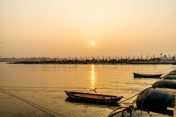 Kumbha Mela, Allahabad, Uttar Pradesh, India; 17-Feb-2019; a sunset view of river Ganges,Triveni Sangam, Prayag