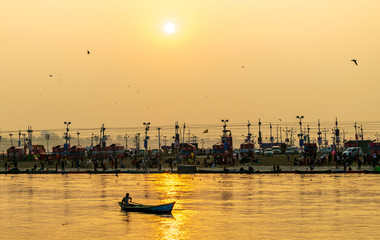 Kumbha Mela, Allahabad, Uttar Pradesh, India; 17-Feb-2019; a sunset view of river Ganges,Triveni Sangam, Prayag