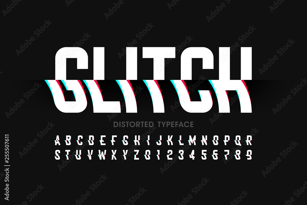 Fototapete glitch font with distorted effect, alphabet letters and numbers