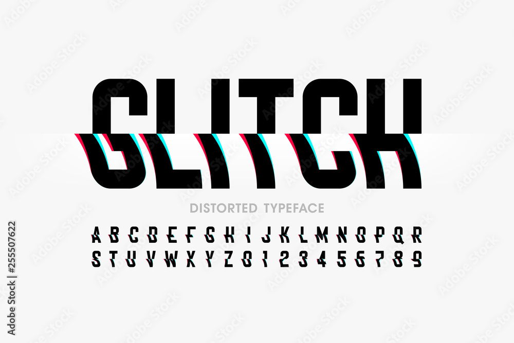 Fototapete glitch font with distorted effect, alphabet letters and numbers