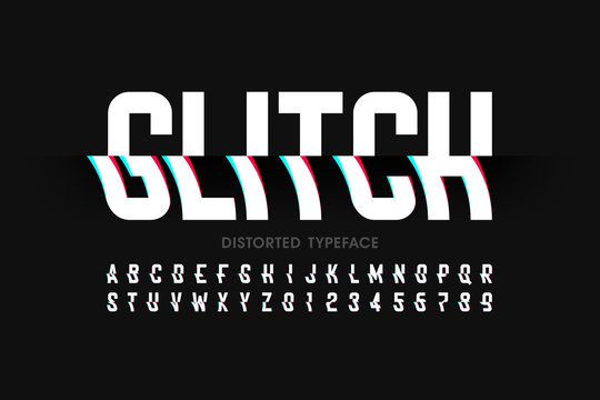 Glitch font with distorted effect, alphabet letters and numbers