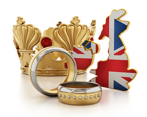 Royal wedding concept with crown, rings and British flag. 3D illustration