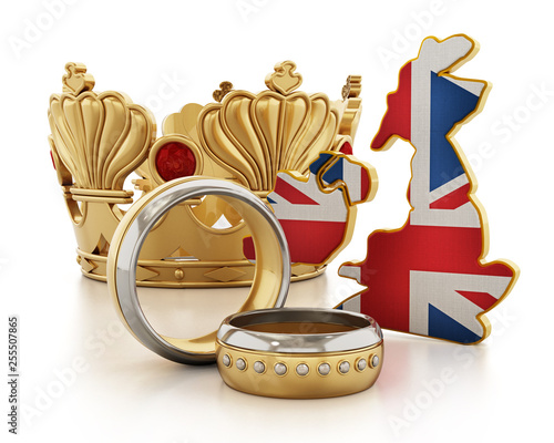 Royal wedding concept with crown, rings and British flag. 3D illustration