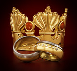 Royal wedding concept with crown and wedding rings. 3D illustration
