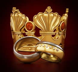 Royal wedding concept with crown and wedding rings. 3D illustration
