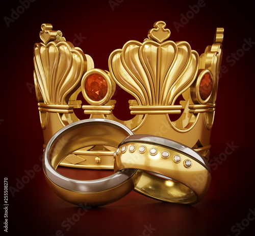 Royal wedding concept with crown and wedding rings. 3D illustration