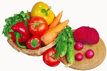 Appetizing vegetables. Tomatoes, carrots, peppers, cucumbers, beet. Isolated on white