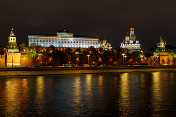 Obraz premium Night landscape of Moscow historical center. Architecture of Moscow Kremlin with illumination
