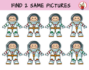 Astronaut. Find two same pictures. Educational game for children. Cartoon vector illustration © Leh
