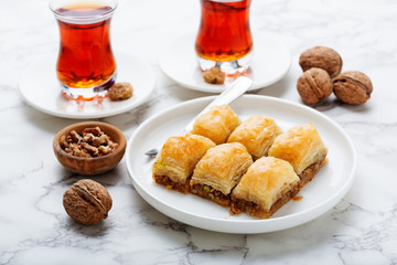 Baklava with walnut. Turkish traditional dessert.