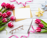 Pink spring tulips and greeting card
