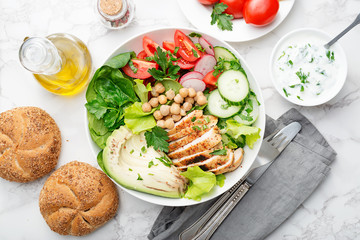 Salad with chicken meat. Fresh vegetable salad with chicken breast.