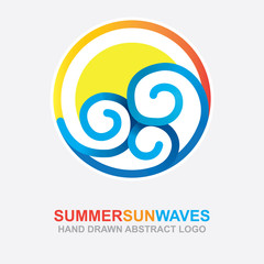 Waves and sun emblem. Summer concept colorful logotype. Waves and sun abstract illustration.