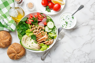 Salad with chicken meat. Fresh vegetable salad with chicken breast.