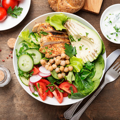 Salad with chicken meat. Fresh vegetable salad with chicken breast.